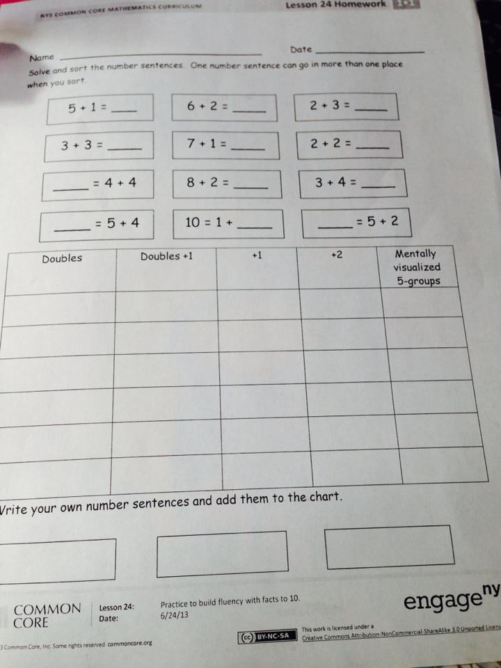 Math HW EngageNY CC Grade 1 for Inclusion Class